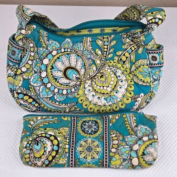 Vera Bradley Peacock Blue Green Paisley Shoulder Bag Glasses Pouch - Picture 1 of 8